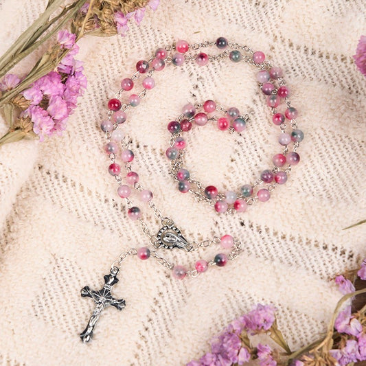 AMUSOUL Our Lady of Rosary & Crucifix of 6mm Round Multi-pink Agate Alloy Chain Rosary