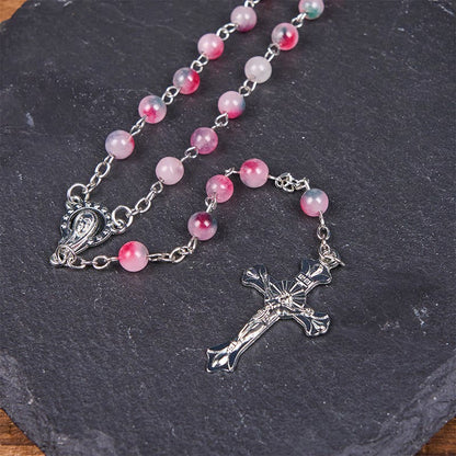 AMUSOUL Our Lady of Rosary & Crucifix of 6mm Round Multi-pink Agate Alloy Chain Rosary