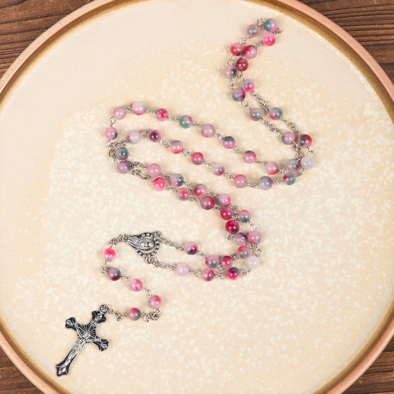 AMUSOUL Our Lady of Rosary & Crucifix of 6mm Round Multi-pink Agate Alloy Chain Rosary