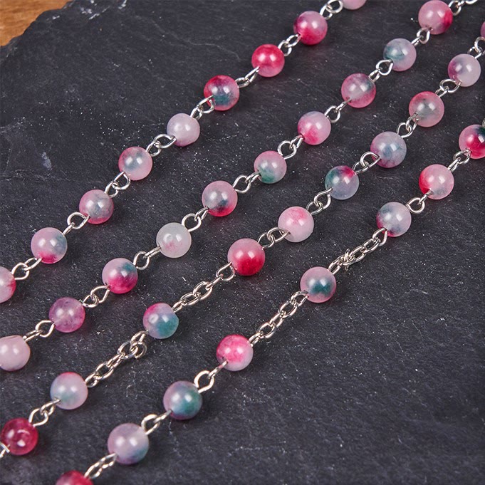AMUSOUL Our Lady of Rosary & Crucifix of 6mm Round Multi-pink Agate Alloy Chain Rosary