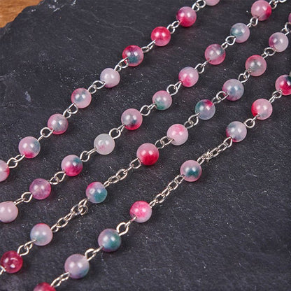 AMUSOUL Our Lady of Rosary & Crucifix of 6mm Round Multi-pink Agate Alloy Chain Rosary