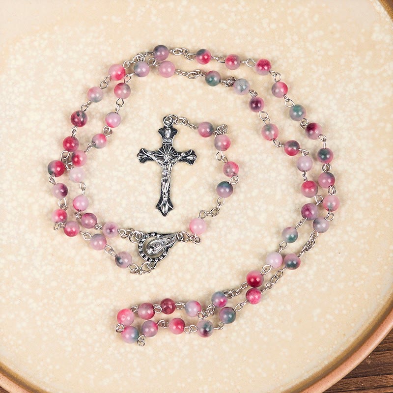 AMUSOUL Our Lady of Rosary & Crucifix of 6mm Round Multi-pink Agate Alloy Chain Rosary