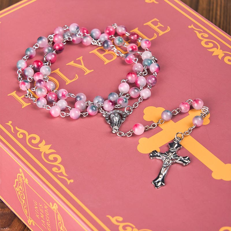 AMUSOUL Our Lady of Rosary & Crucifix of 6mm Round Multi-pink Agate Alloy Chain Rosary