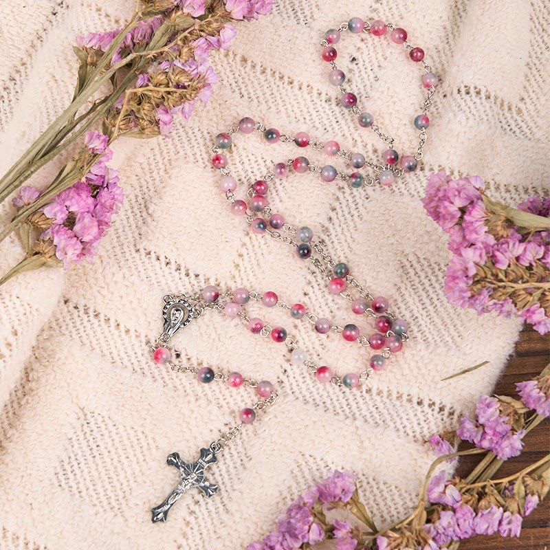 AMUSOUL Our Lady of Rosary & Crucifix of 6mm Round Multi-pink Agate Alloy Chain Rosary