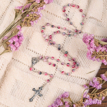 AMUSOUL Our Lady of Rosary & Crucifix of 6mm Round Multi-pink Agate Alloy Chain Rosary