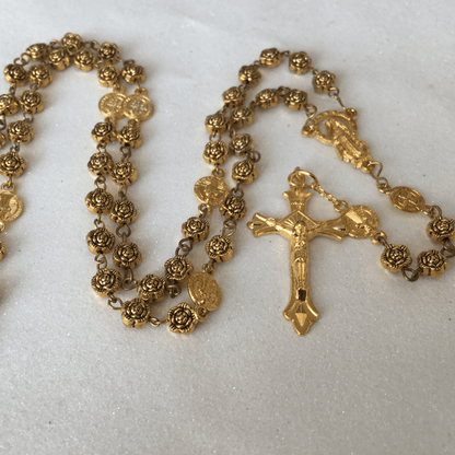 AMUSOUL Virgin Mary & Crucifix of 6 mm Rose Retro Gold Copper Alloy Chain Rosary