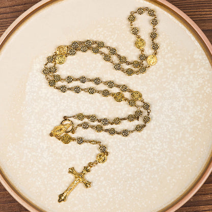 AMUSOUL Virgin Mary & Crucifix of 6 mm Rose Retro Gold Copper Alloy Chain Rosary
