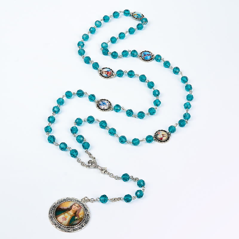 AMUSOUL Sacred Heart of Jesus & Immaculate Heart of Mary of 8 mm Polyhedron Blue Glass Alloy Chain Rosary