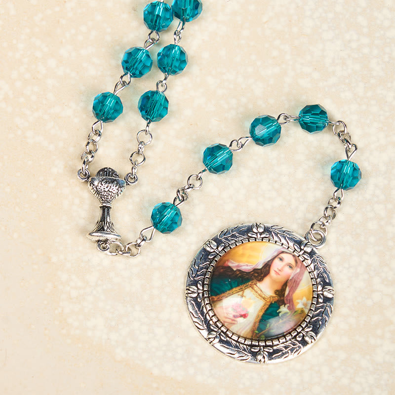 AMUSOUL Sacred Heart of Jesus & Immaculate Heart of Mary of 8 mm Polyhedron Blue Glass Alloy Chain Rosary