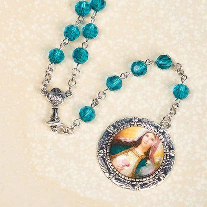 AMUSOUL Sacred Heart of Jesus & Immaculate Heart of Mary of 8 mm Polyhedron Blue Glass Alloy Chain Rosary