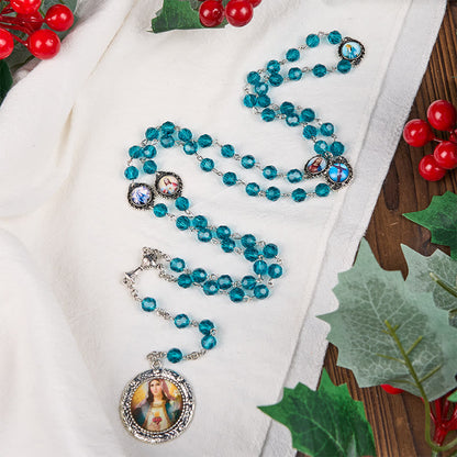 AMUSOUL Sacred Heart of Jesus & Immaculate Heart of Mary of 8 mm Polyhedron Blue Glass Alloy Chain Rosary