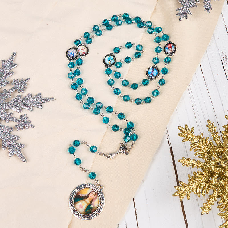 AMUSOUL Sacred Heart of Jesus & Immaculate Heart of Mary of 8 mm Polyhedron Blue Glass Alloy Chain Rosary