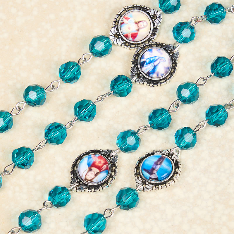 AMUSOUL Sacred Heart of Jesus & Immaculate Heart of Mary of 8 mm Polyhedron Blue Glass Alloy Chain Rosary