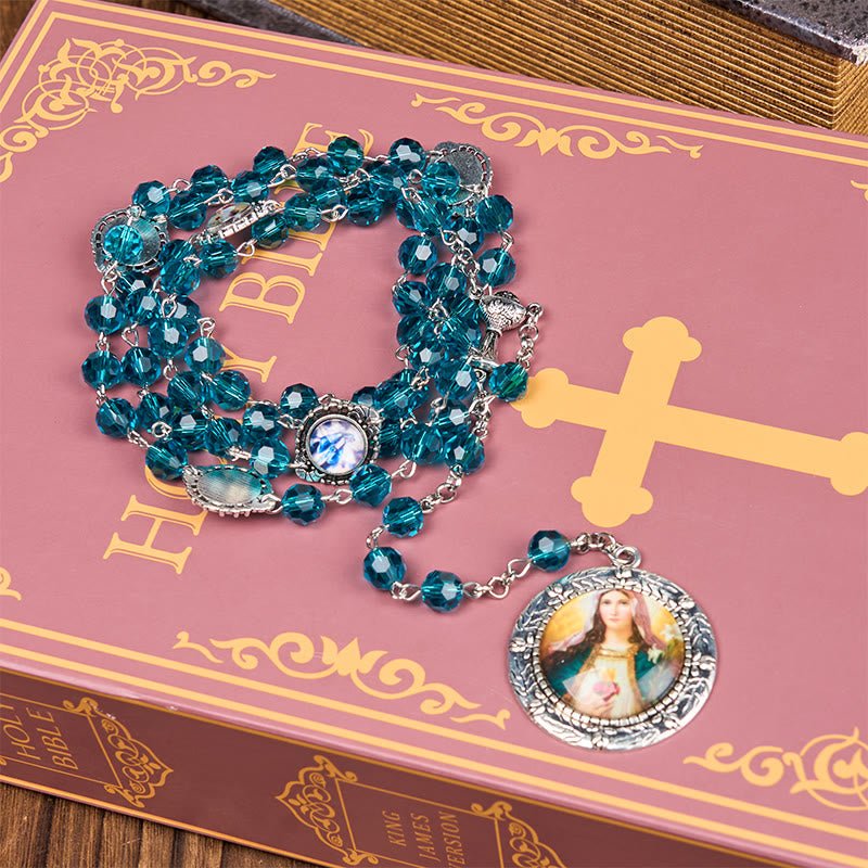 AMUSOUL Sacred Heart of Jesus & Immaculate Heart of Mary of 8 mm Polyhedron Blue Glass Alloy Chain Rosary