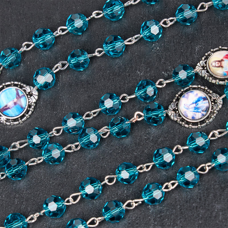 AMUSOUL Sacred Heart of Jesus & Immaculate Heart of Mary of 8 mm Polyhedron Blue Glass Alloy Chain Rosary