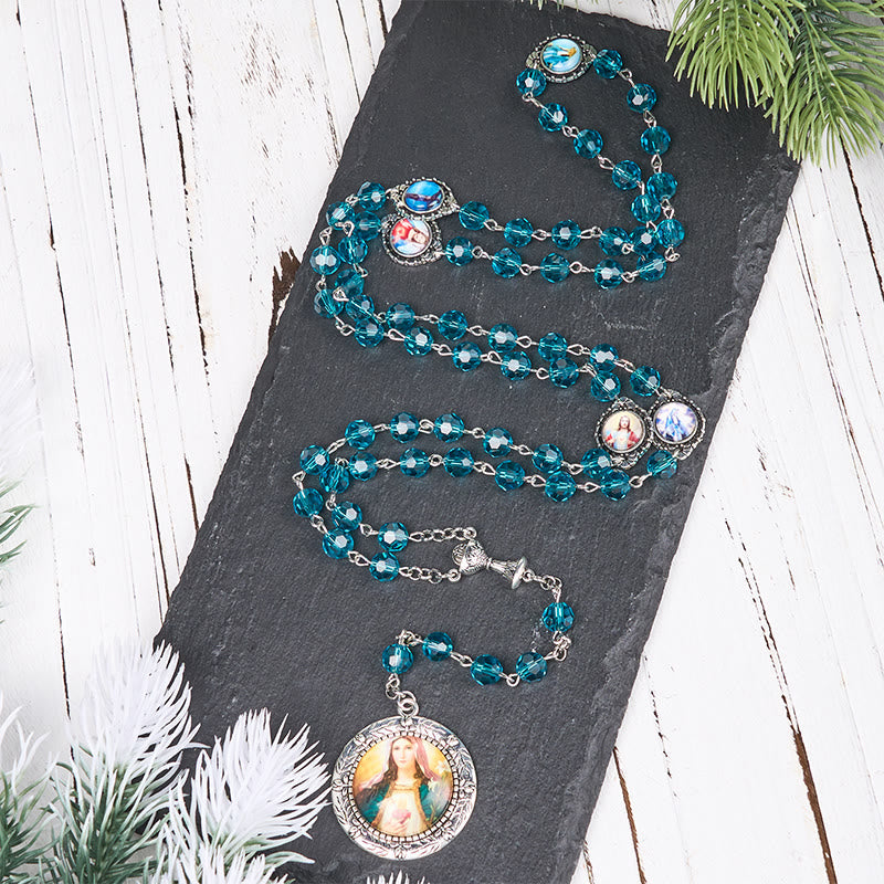 AMUSOUL Sacred Heart of Jesus & Immaculate Heart of Mary of 8 mm Polyhedron Blue Glass Alloy Chain Rosary