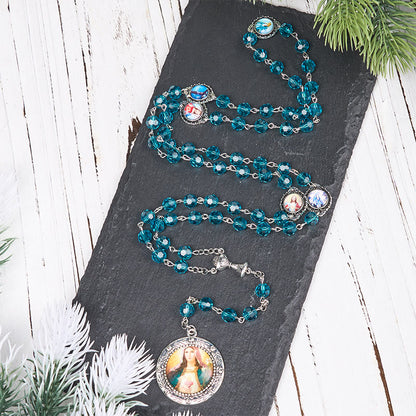 AMUSOUL Sacred Heart of Jesus & Immaculate Heart of Mary of 8 mm Polyhedron Blue Glass Alloy Chain Rosary