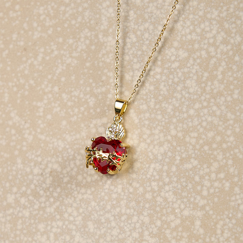 AMUSOUL Modern Style Crafted Red Gemstones Sacred Heart of Jesus Pendant Necklace