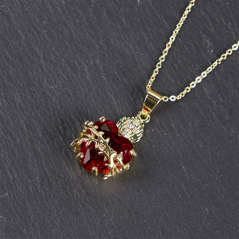 AMUSOUL Modern Style Crafted Red Gemstones Sacred Heart of Jesus Pendant Necklace