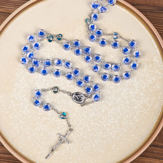 AMUSOUL Our Lady & Crucifix of 10mm Polyhedron Blue Acrylic Alloy Chain Rosary