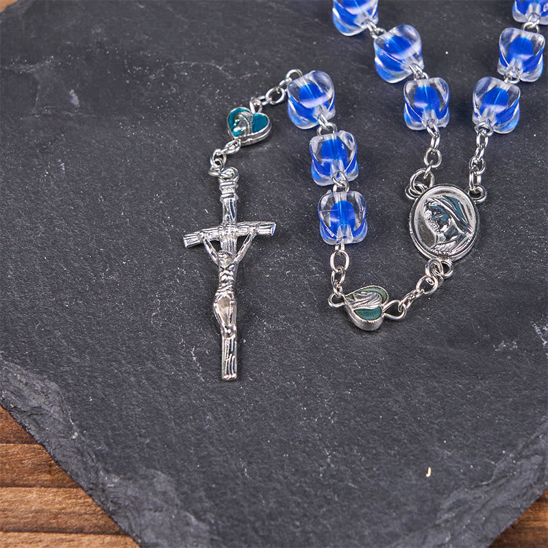 AMUSOUL Our Lady & Crucifix of 10mm Polyhedron Blue Acrylic Alloy Chain Rosary