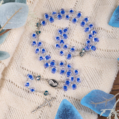 AMUSOUL Our Lady & Crucifix of 10mm Polyhedron Blue Acrylic Alloy Chain Rosary