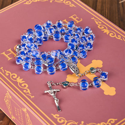 AMUSOUL Our Lady & Crucifix of 10mm Polyhedron Blue Acrylic Alloy Chain Rosary