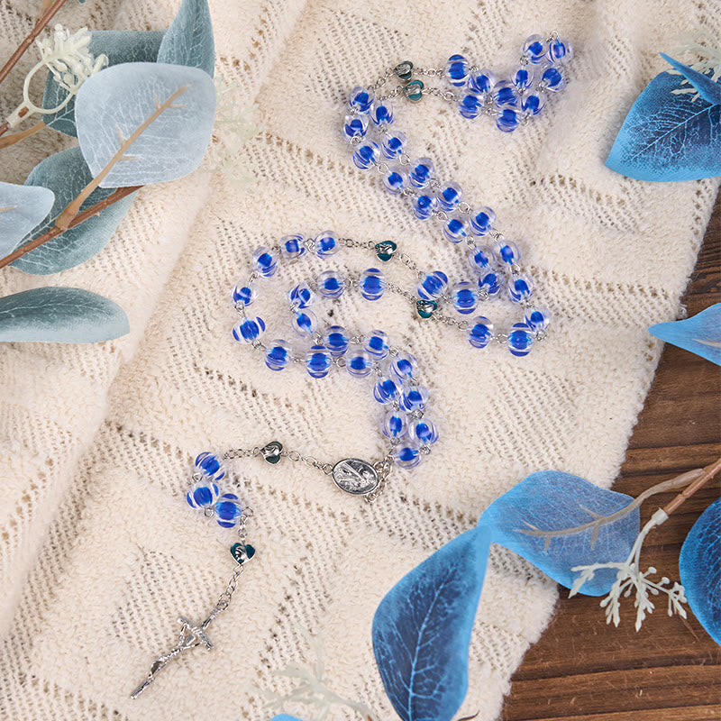 AMUSOUL Our Lady & Crucifix of 10mm Polyhedron Blue Acrylic Alloy Chain Rosary