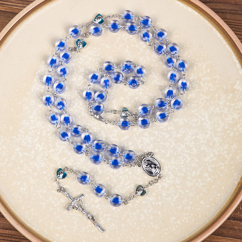 AMUSOUL Our Lady & Crucifix of 10mm Polyhedron Blue Acrylic Alloy Chain Rosary