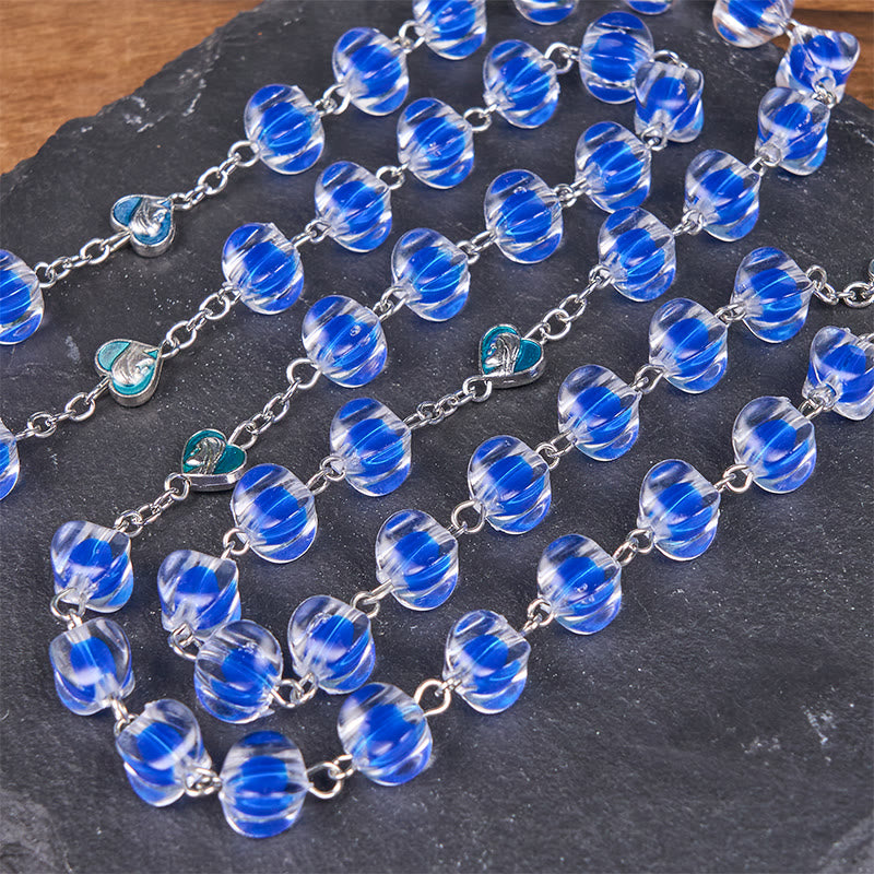 AMUSOUL Our Lady & Crucifix of 10mm Polyhedron Blue Acrylic Alloy Chain Rosary