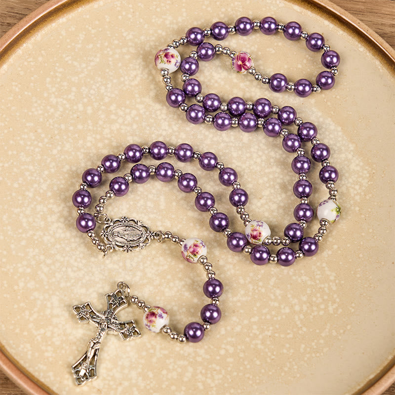 AMUSOUL Miraculous Medal & Crucifix of 10mm Round Multicolor Pearl/Ceramics Rosary