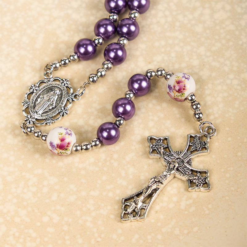 AMUSOUL Miraculous Medal & Crucifix of 10mm Round Multicolor Pearl/Ceramics Rosary