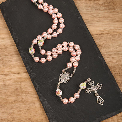 AMUSOUL Miraculous Medal & Crucifix of 10mm Round Multicolor Pearl/Ceramics Rosary