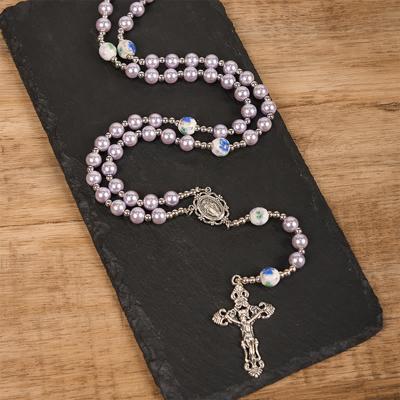 AMUSOUL Miraculous Medal & Crucifix of 10mm Round Multicolor Pearl/Ceramics Rosary
