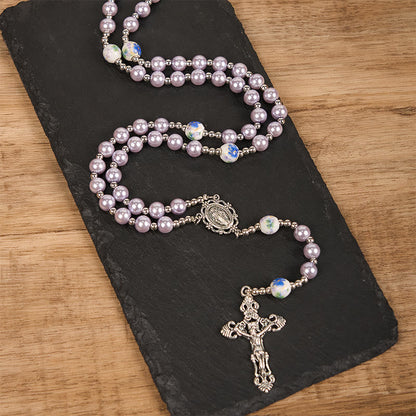 AMUSOUL Miraculous Medal & Crucifix of 10mm Round Multicolor Pearl/Ceramics Rosary