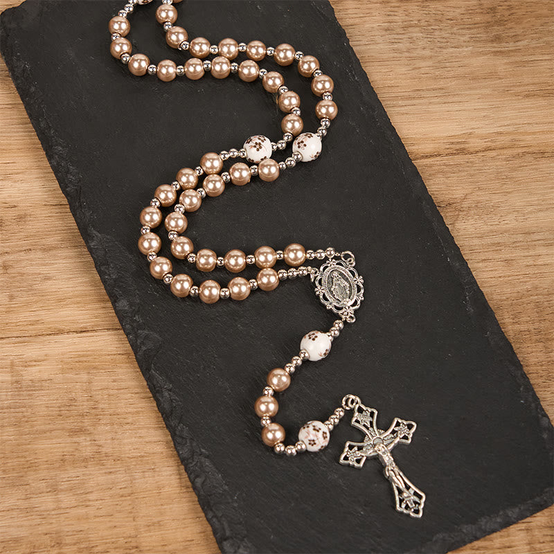 AMUSOUL Miraculous Medal & Crucifix of 10mm Round Multicolor Pearl/Ceramics Rosary