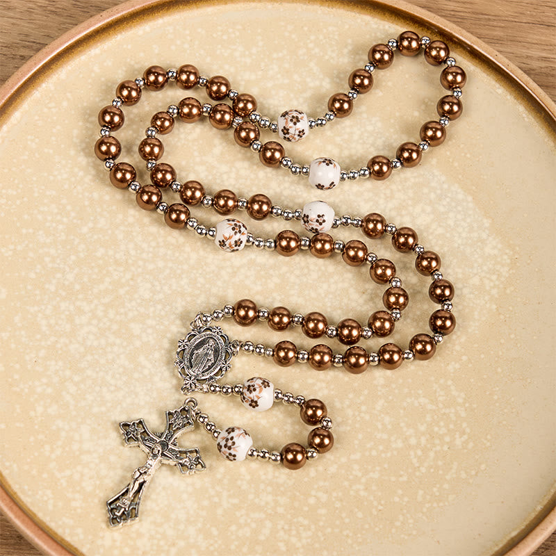 AMUSOUL Miraculous Medal & Crucifix of 10mm Round Multicolor Pearl/Ceramics Rosary