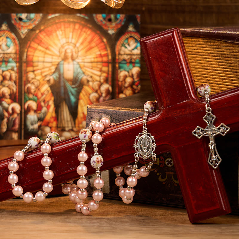 AMUSOUL Miraculous Medal & Crucifix of 10mm Round Multicolor Pearl/Ceramics Rosary