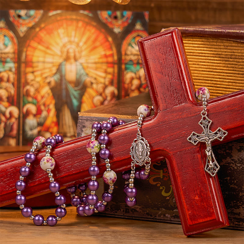 AMUSOUL Miraculous Medal & Crucifix of 10mm Round Multicolor Pearl/Ceramics Rosary