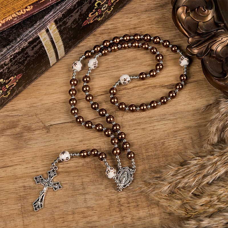 AMUSOUL Miraculous Medal & Crucifix of 10mm Round Multicolor Pearl/Ceramics Rosary