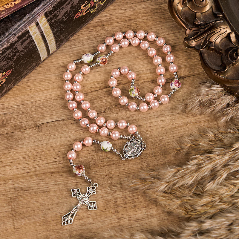 AMUSOUL Miraculous Medal & Crucifix of 10mm Round Multicolor Pearl/Ceramics Rosary