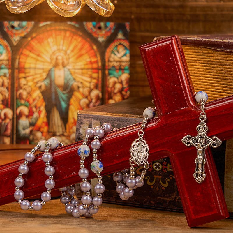AMUSOUL Miraculous Medal & Crucifix of 10mm Round Multicolor Pearl/Ceramics Rosary