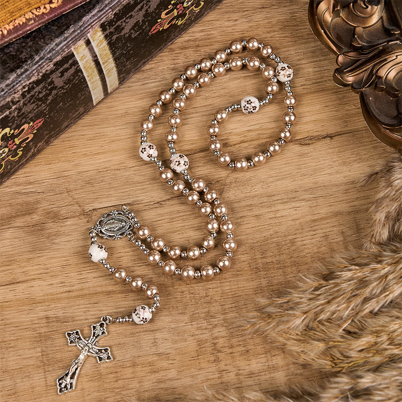 AMUSOUL Miraculous Medal & Crucifix of 10mm Round Multicolor Pearl/Ceramics Rosary