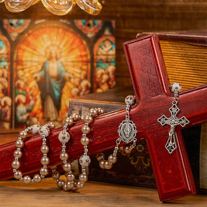 AMUSOUL Miraculous Medal & Crucifix of 10mm Round Multicolor Pearl/Ceramics Rosary