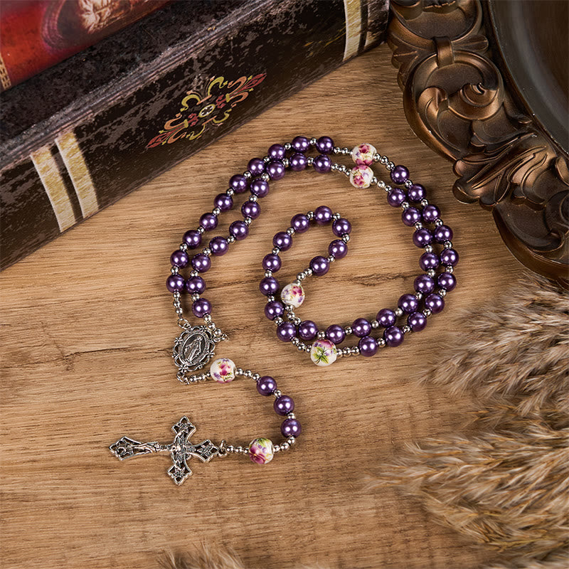 AMUSOUL Miraculous Medal & Crucifix of 10mm Round Multicolor Pearl/Ceramics Rosary