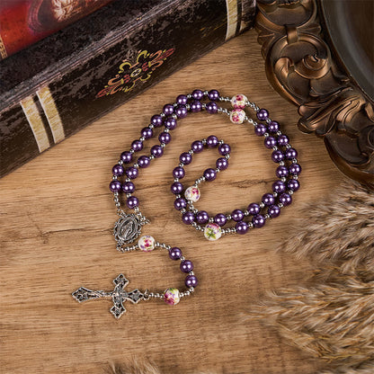 AMUSOUL Miraculous Medal & Crucifix of 10mm Round Multicolor Pearl/Ceramics Rosary
