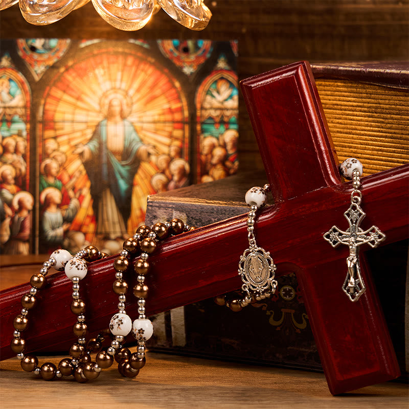 AMUSOUL Miraculous Medal & Crucifix of 10mm Round Multicolor Pearl/Ceramics Rosary
