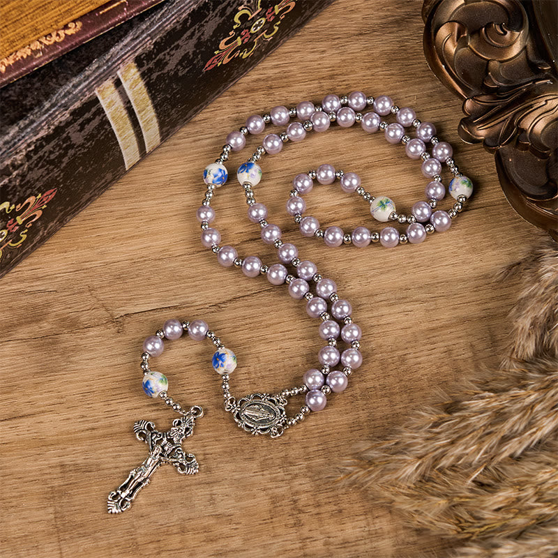 AMUSOUL Miraculous Medal & Crucifix of 10mm Round Multicolor Pearl/Ceramics Rosary