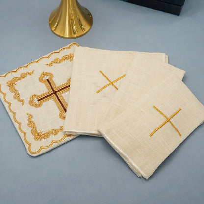 AMUSOUL Classic Style Golden Cross Embroidered  Elegant Religious Altar Linen Set