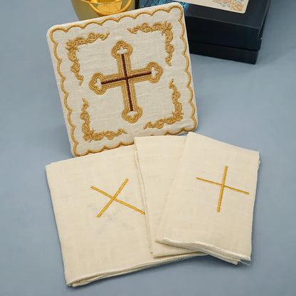 AMUSOUL Classic Style Golden Cross Embroidered  Elegant Religious Altar Linen Set